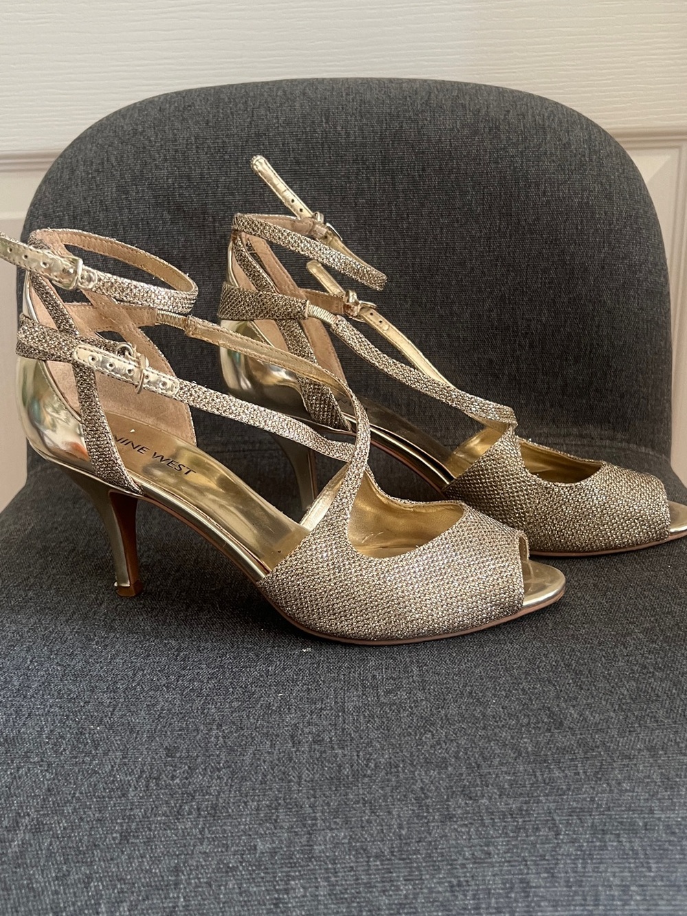 Nine West Shimmery Gold T-Strap Open-Toe Heels